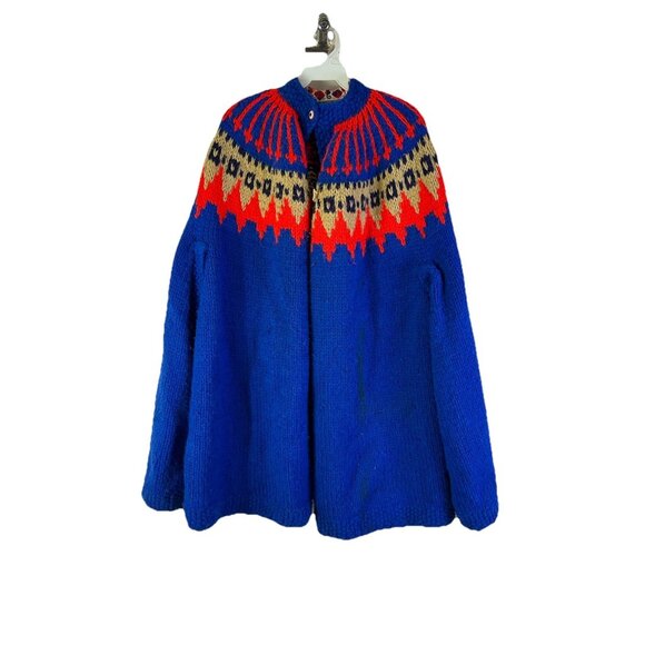 Vintage 70s Hand Knit Fair Isle Nordic Cardigan Sweater Cape Coat Rockabilly - Picture 1 of 8